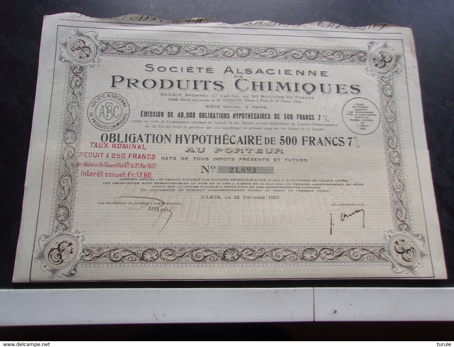 ALSACIENNE PRODUITS CHIMIQUES (obligation Hypothecaire 500 Francs) 1923 - Autres & Non Classés