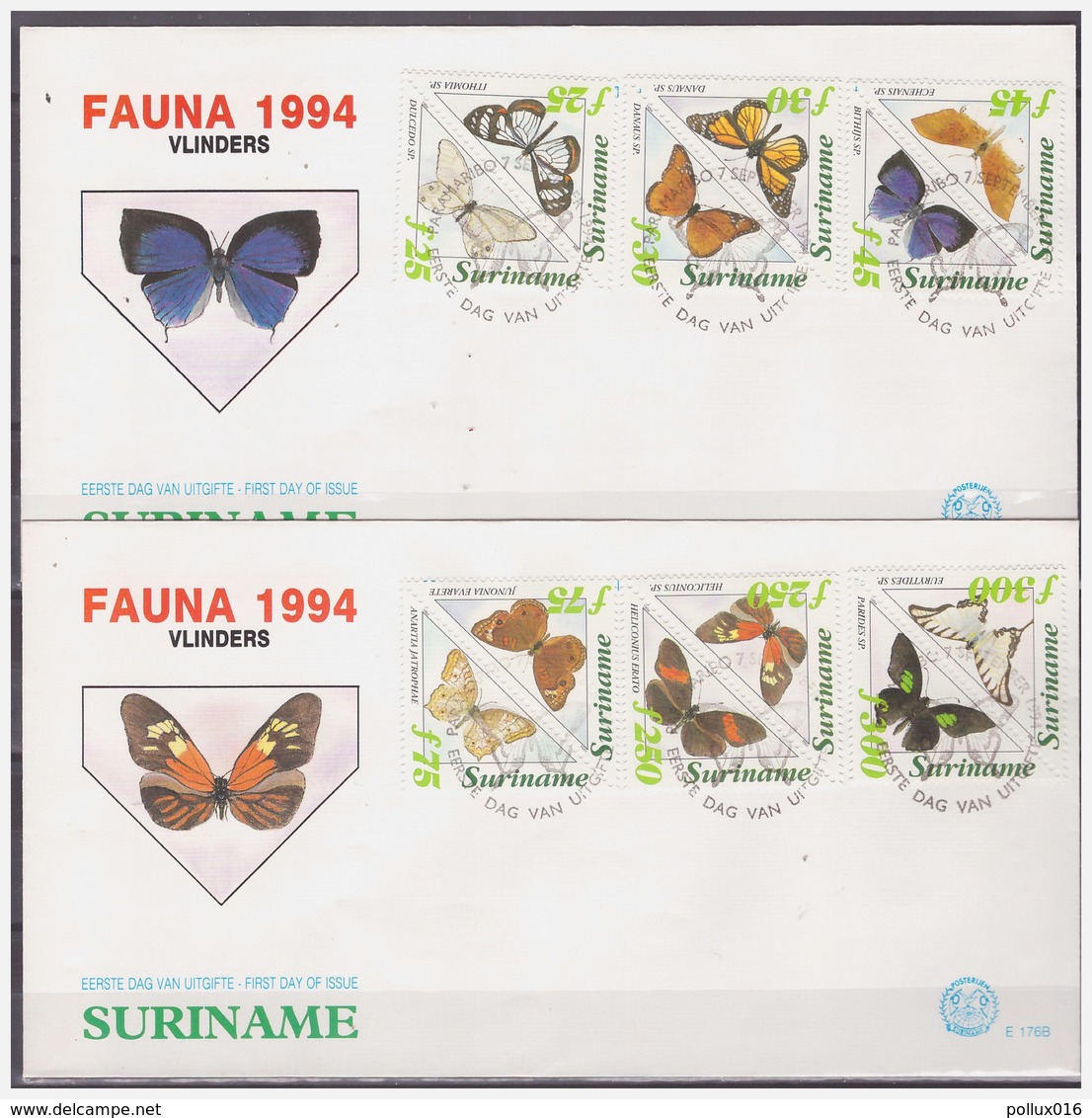 Surinam / Suriname 1994 FDC 176ab Vlinder Butterfly Schmetterling Papillon Triangle - Surinam