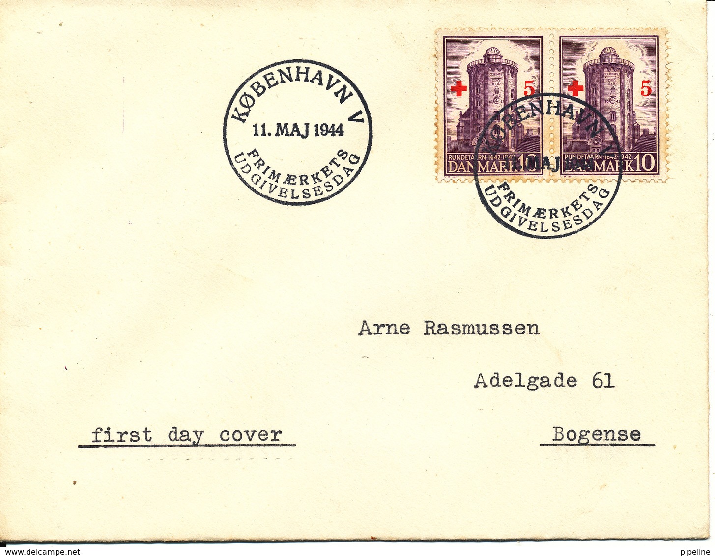 Denmark FDC 11-5-1944 Round Tower Stamp Overprinted With 5 öre RED CROSS In Pair - Red Cross