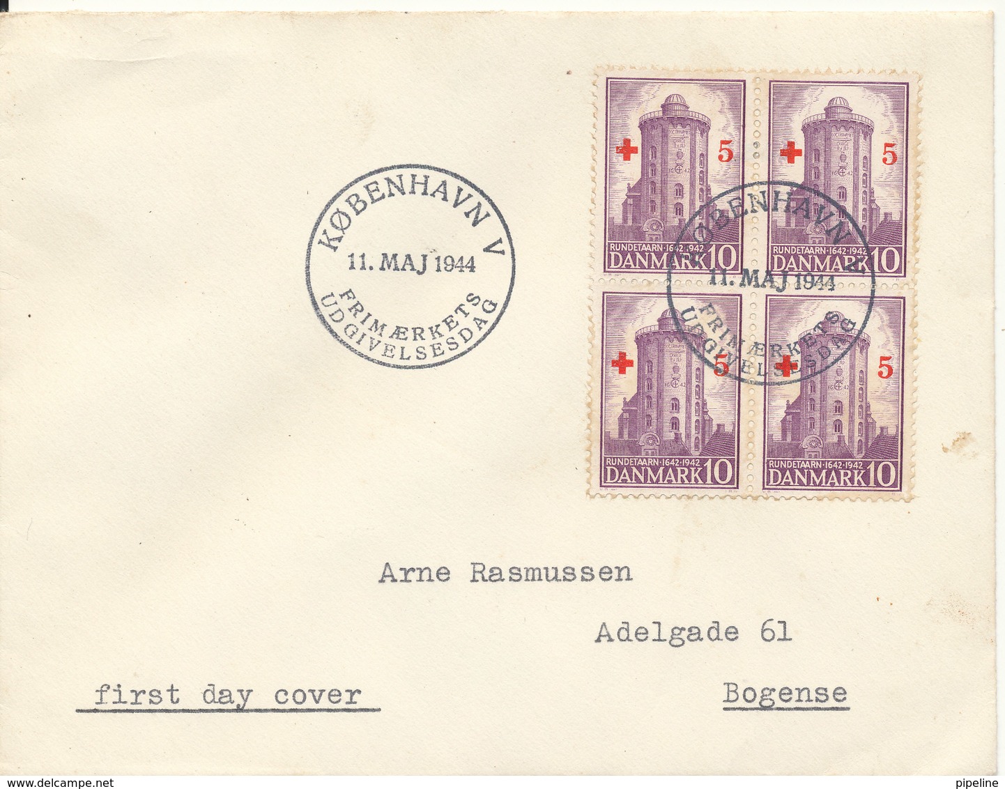 Denmark FDC 11-5-1944 Round Tower Stamp In Block Of 4 Overprinted With 5 öre RED CROSS - Red Cross