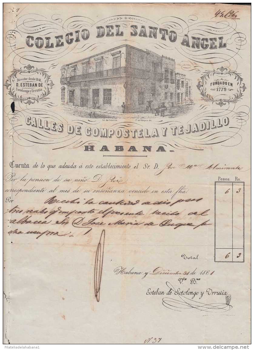 E5714 CUBA ESPAÑA SPAIN. COLONIAL ILLUSTRATED INVOICE 1861. RAILROAD SANTO ANGEL SCHOOL. - Historical Documents