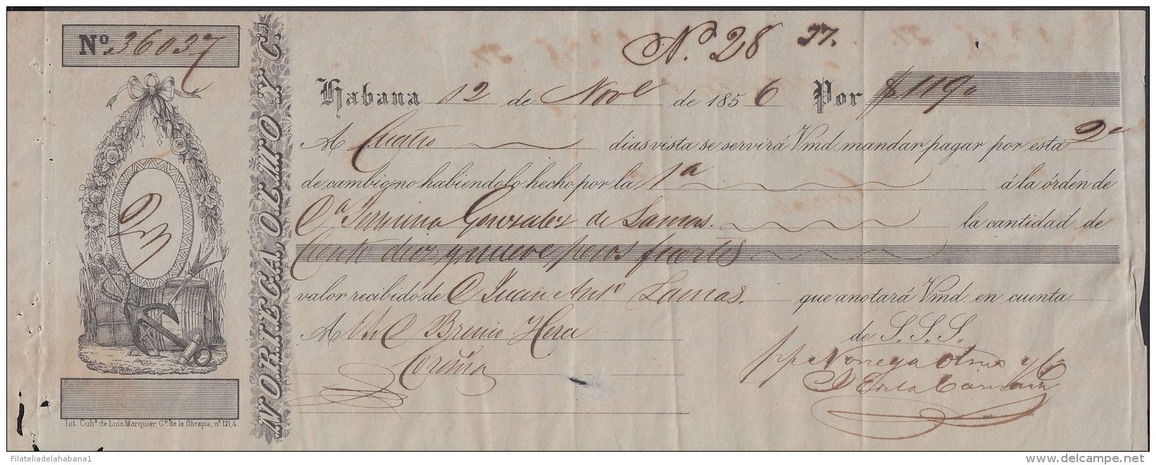 E5733 CUBA ESPAÑA SPAIN. COLONIAL EXCHANGE LETTER INVOICE 1856. NORIEGA OLMO Y Ca. - Documentos Históricos