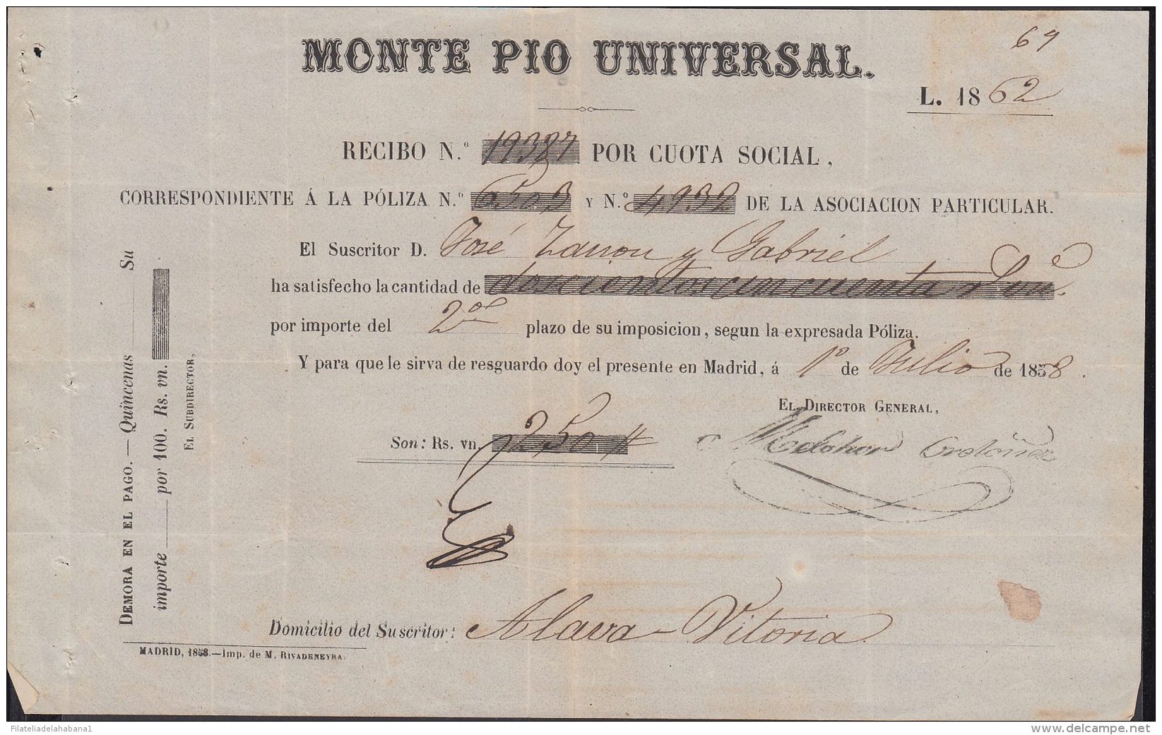 E5735 CUBA ESPAÑA SPAIN. MONTE PIO PAWNSHOP INVOICE 1858. NORIEGA OLMO Y Ca. - Documenti Storici