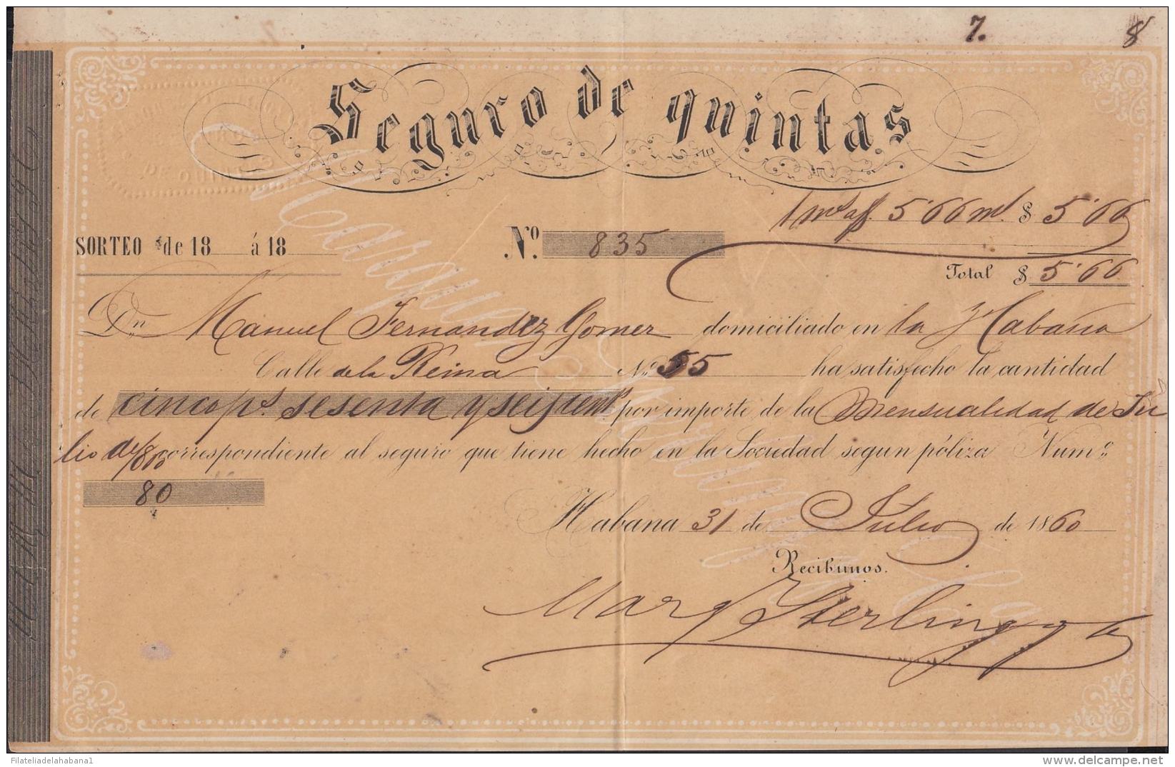 E5736 CUBA ESPAÑA SPAIN. COLONIAL MILITAR INSURANCE INVOICE 1860. SEGURO DE QUINTAS, SERVICIO MILITAR - Historical Documents