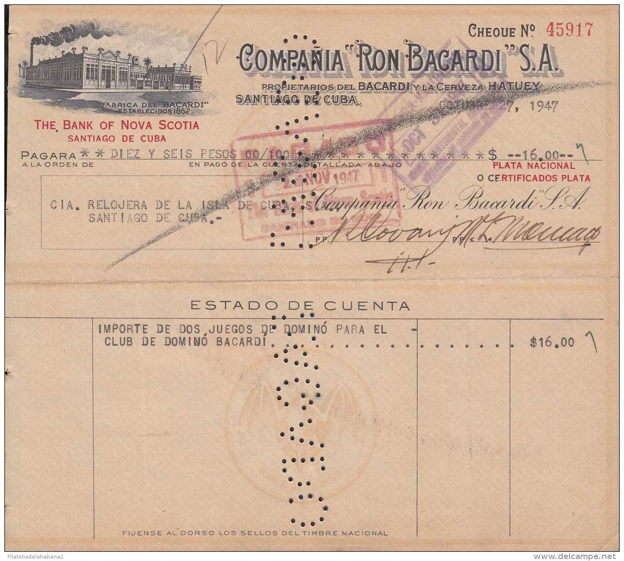 E5744 CUBA ESPAÑA SPAIN. COMPAÑIA DE RON BACARDI 1946 + REVENUE TIMBRE NAC. - Historical Documents