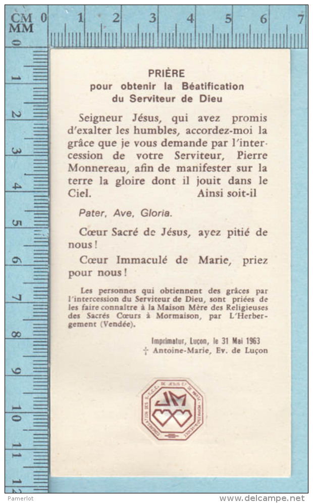 Image Reliquaire -  Pierre Monnereau, Parcelle De Vetement , Vendé France S.S.CC. De Jesus Et De Marie - Religion & Esotericism