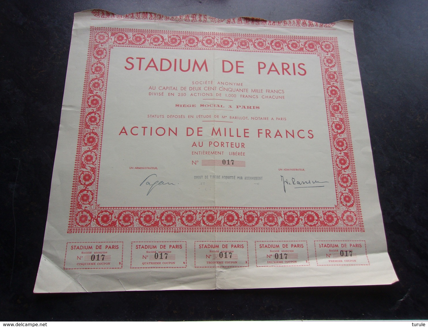 STADIUM DE PARIS (1000 Francs) Seulement 250 Exemplaires - Autres & Non Classés