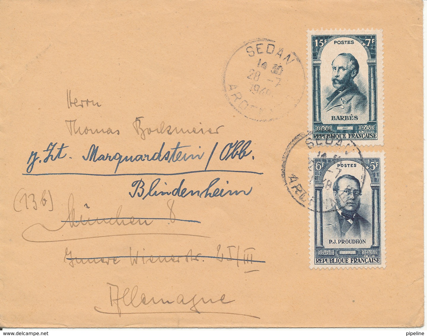 France Cover Sent To Germany Sedan Ardennes 28-7-1948 Good Franked - Covers & Documents