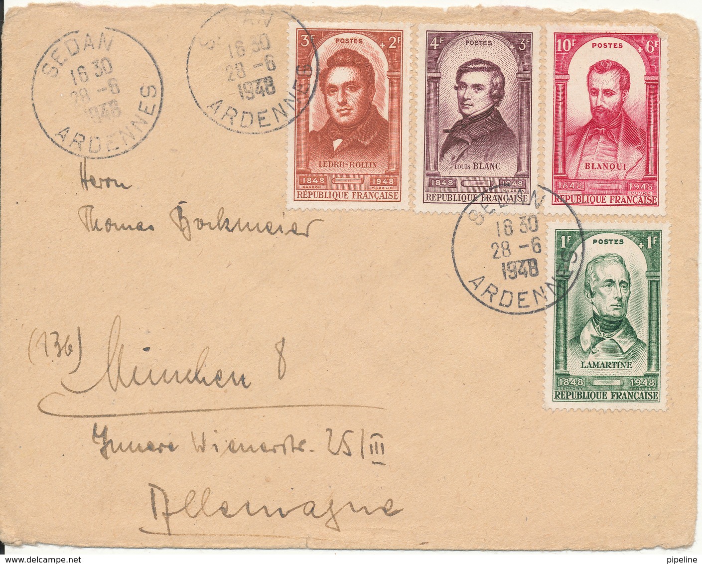 France Cover Sent To Germany Sedan Ardennes 28-6-1948 Good Franked - Covers & Documents