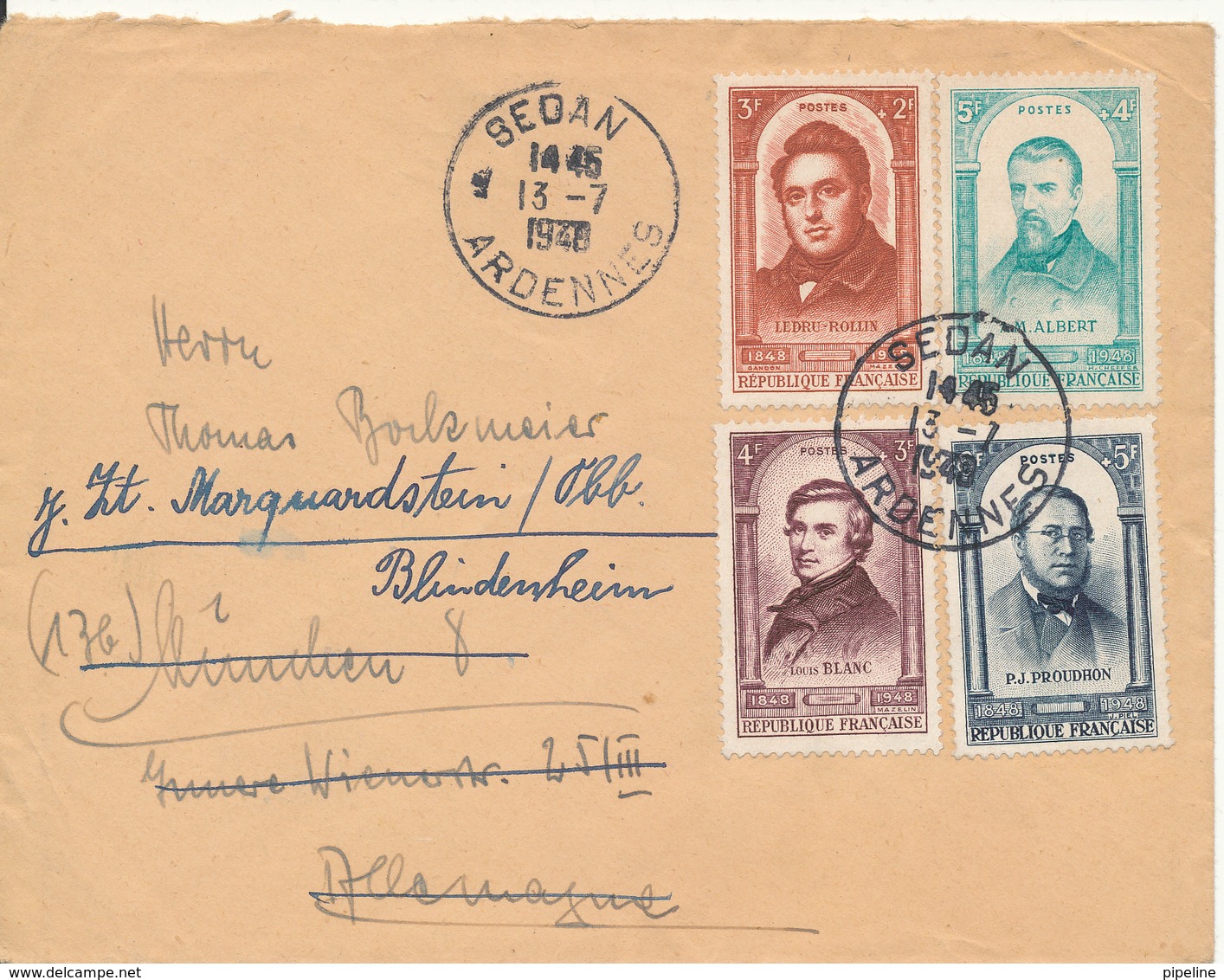 France Cover Sent To Germany Sedan Ardennes 13-7-1948 Good Franked - Covers & Documents