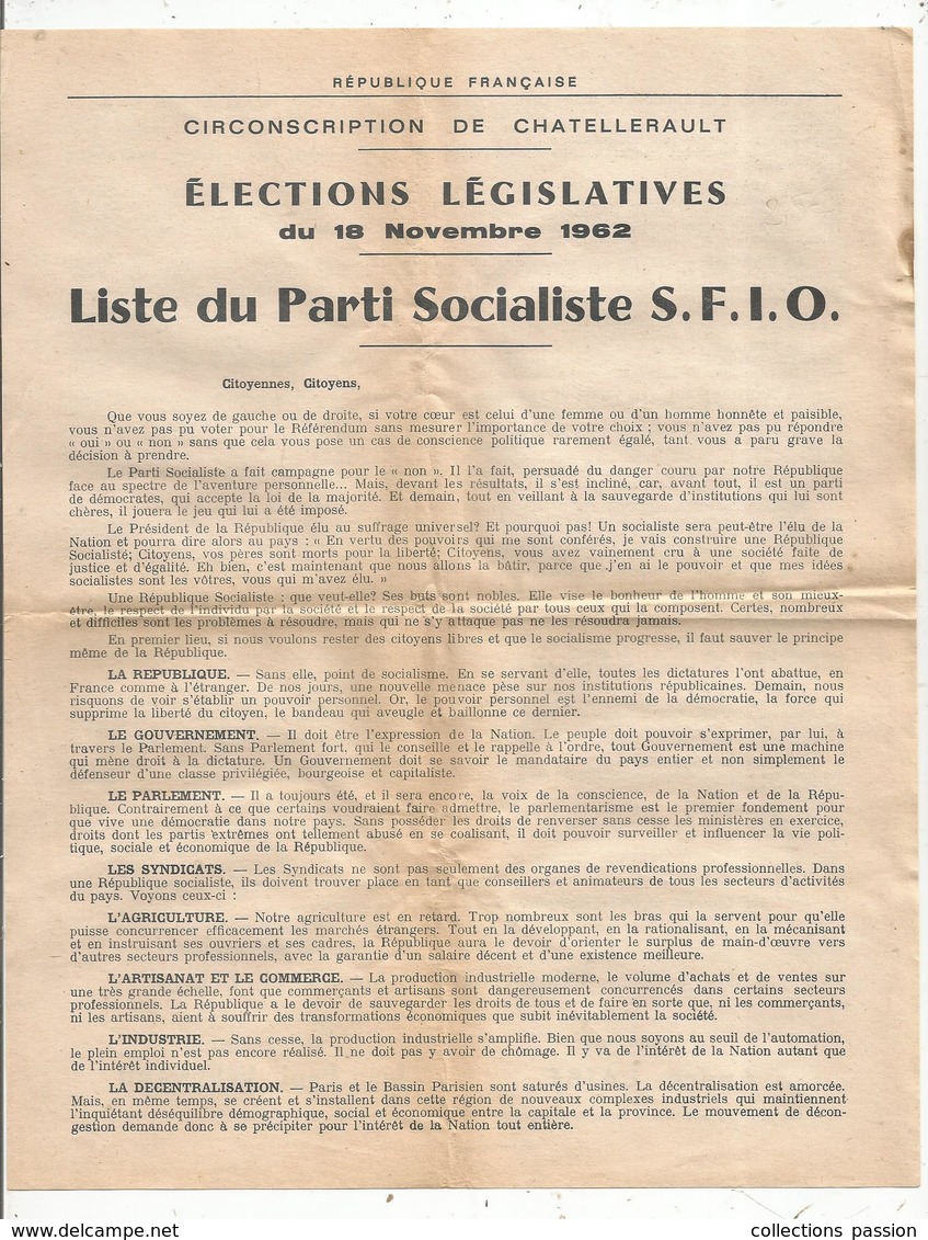 élections Législatives ,1962 , CHATELLERAULT , Vienne , Parti Socialiste , S.F.I.O. , 2 Scans , Frais Fr 1.45 E - Ohne Zuordnung