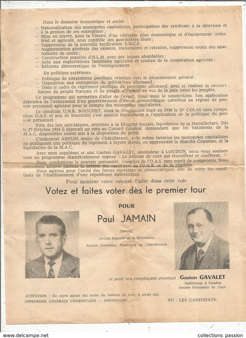 élections Législatives ,1962 , CHATELLERAULT- LOUDUN , Vienne , Parti Communistes, 2 Scans , Frais Fr 1.45 E - Ohne Zuordnung