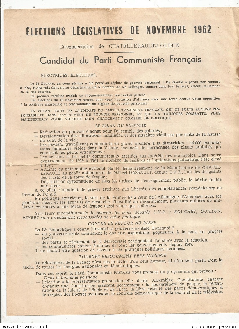 élections Législatives ,1962 , CHATELLERAULT- LOUDUN , Vienne , Parti Communistes, 2 Scans , Frais Fr 1.45 E - Ohne Zuordnung