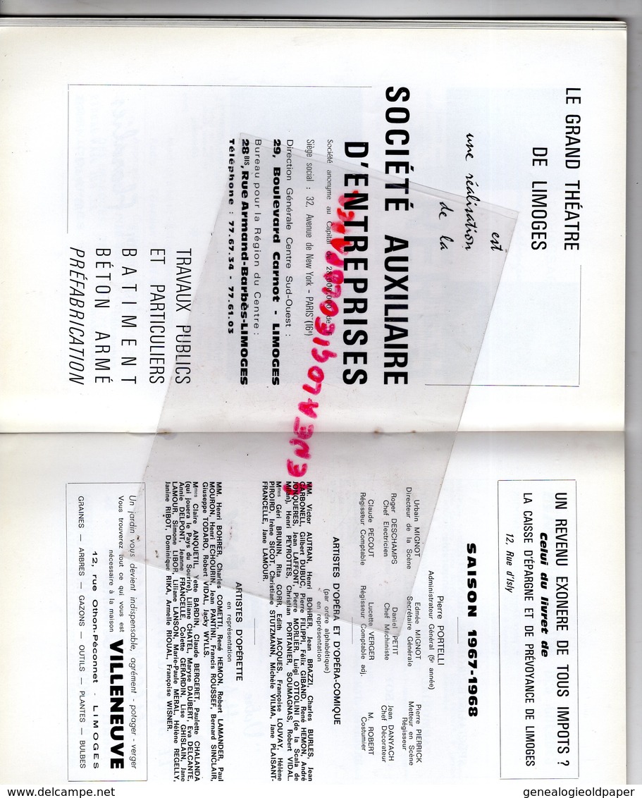 87 - LIMOGES - PROGRAMME GRAND THEATRE 67-68-LE BARBIER DE SEVILLE-CHARLES BURLES-ROBERT VIDAL-FRANCOISE LOUVAY-MORLIER - Programas