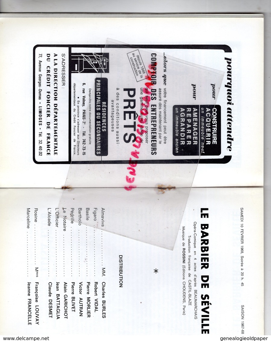 87 - LIMOGES - PROGRAMME GRAND THEATRE 67-68-LE BARBIER DE SEVILLE-CHARLES BURLES-ROBERT VIDAL-FRANCOISE LOUVAY-MORLIER