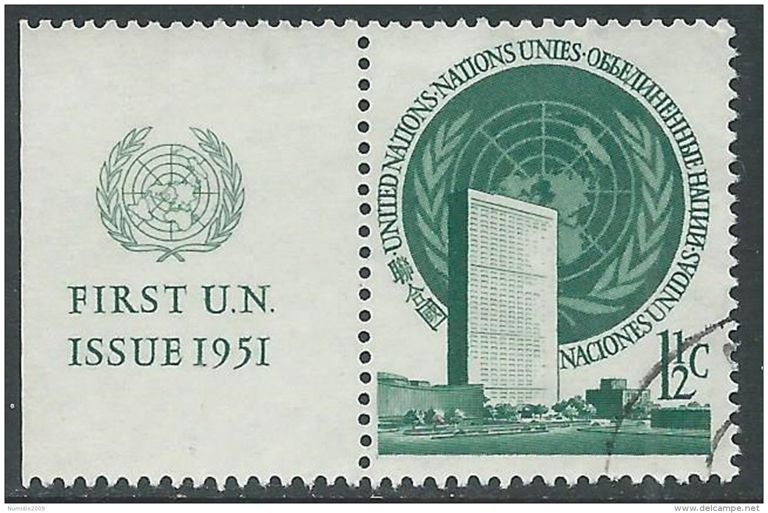 1951 NAZIONI UNITE NEW YORK USATO SOGGETTI DIVERSI 1 1/2 CENT APPENDICE Z12-7 - Gebruikt