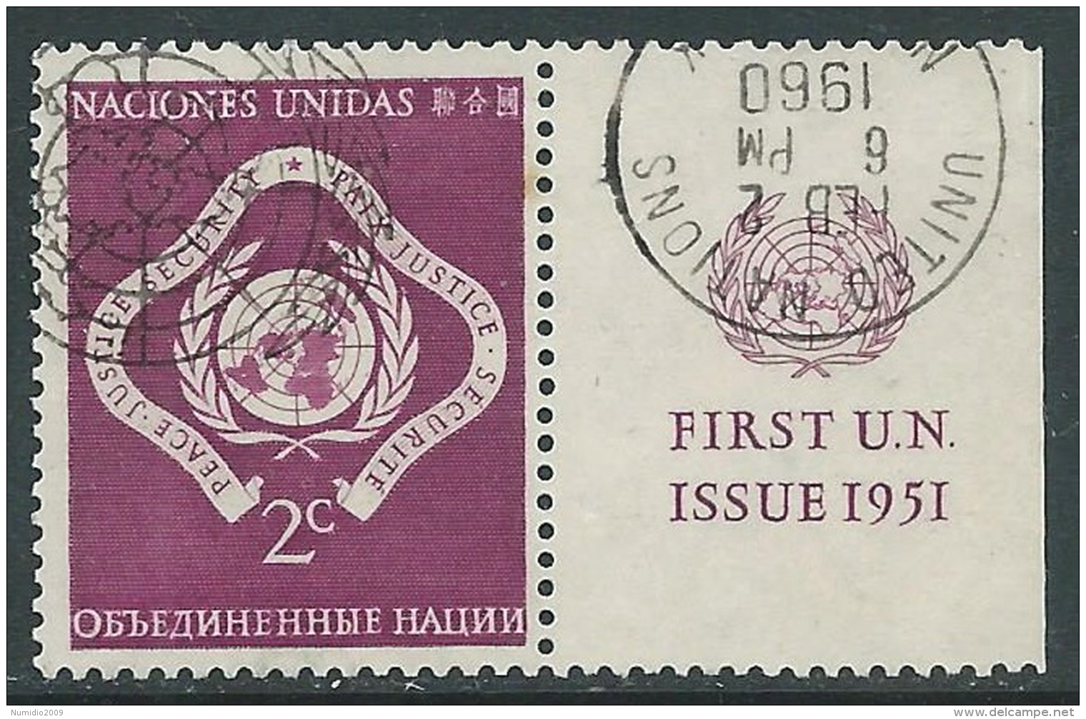 1951 NAZIONI UNITE NEW YORK USATO SOGGETTI DIVERSI 2 CENT CON APPENDICE Z12-7 - Used Stamps