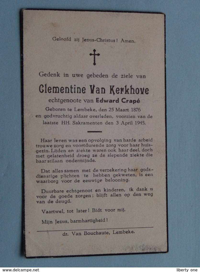 DP Clementine VAN KERKHOVE ( Edward Crapé ) Lembeke 25 Maart 1876 - 3 April 1945 ( Zie/voir Photo ) ! - Obituary Notices