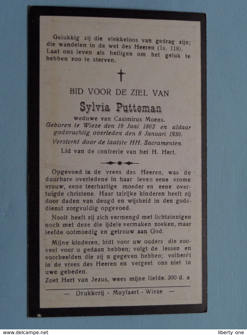 DP Sylvia PUTTEMAN ( Casimirus Moens ) Wieze 19 Juni 1862 - 8 Jan 1930 ( Zie/voir Photo ) ! - Overlijden