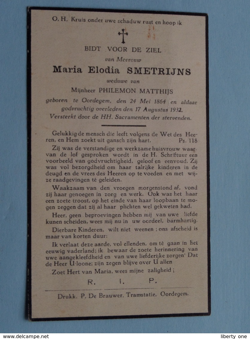 DP Marie Elodia SMETRIJNS ( Philemon Matthijs ) Oordegem 24 Mei 1864 - 17 Aug 1932 ( Zie/voir Photo ) ! - Overlijden