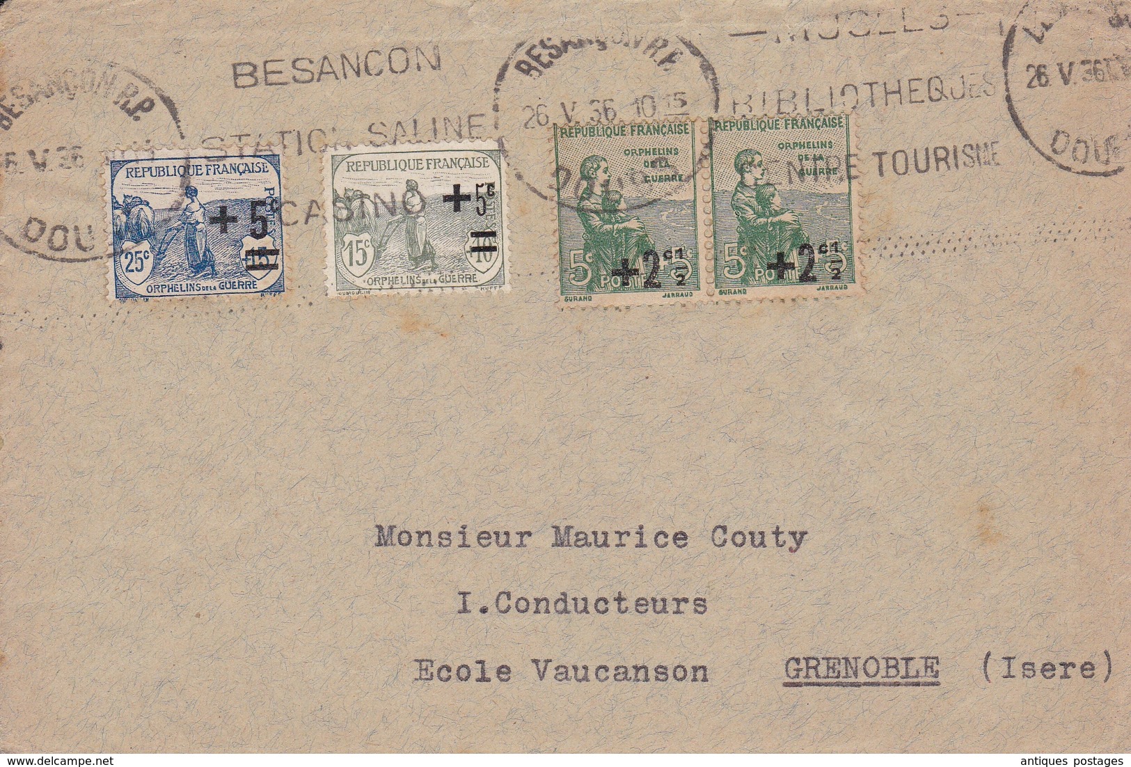 Lettre 1936 Besançon Doubs Orphelins De La Guerre Pour Grenoble Isère - Mechanical Postmarks (Other)