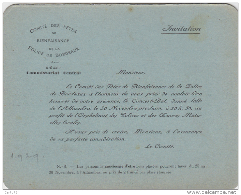 Métiers - Police Gendarmerie - Carton D'invitation - Police De Bordeaux - Concert Alhambra Orphelinat - 1920 - Police - Gendarmerie