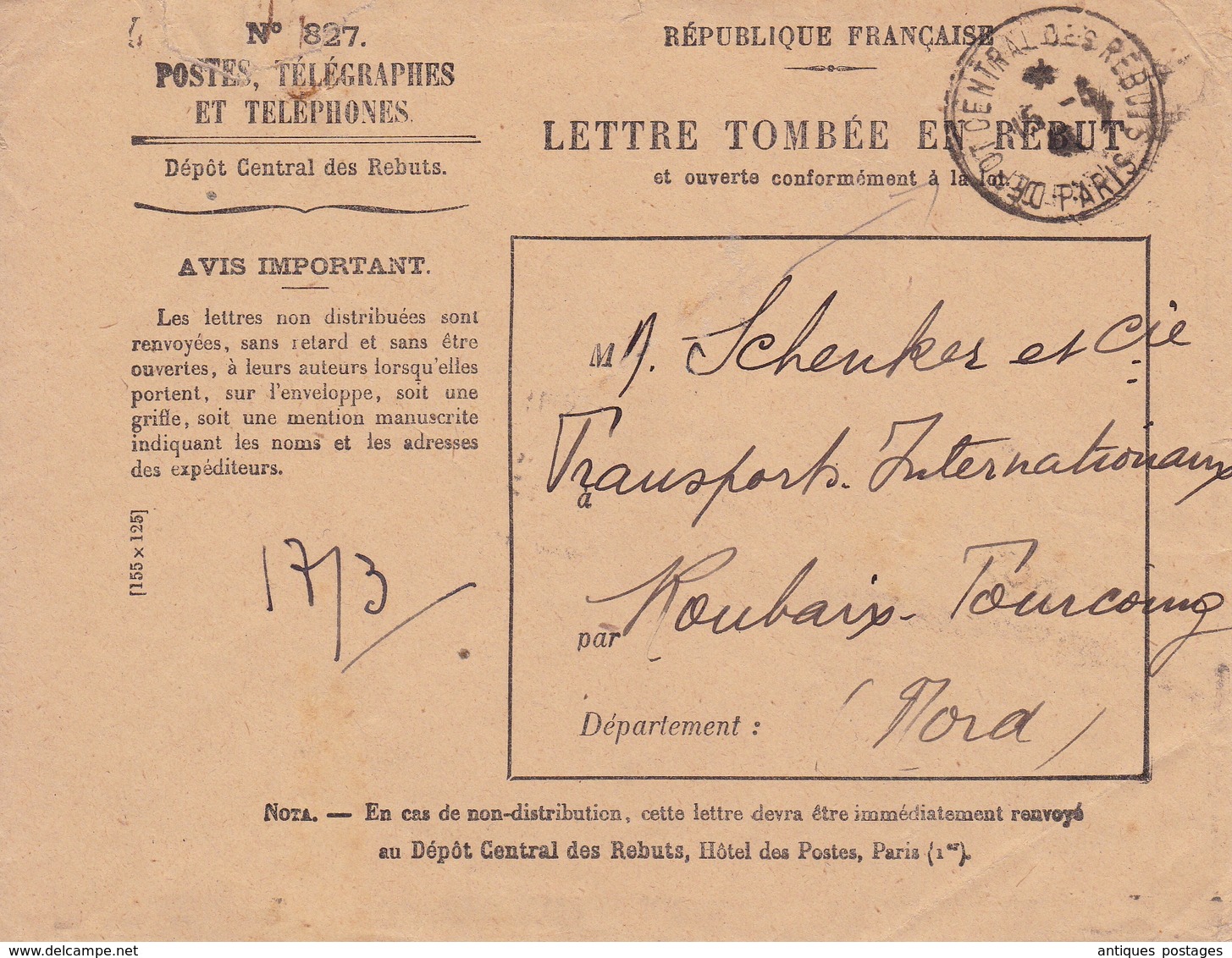 Lettre Tombée En Rebut Cachet Dépot Central Des Rebuts Paris 1941 Roubaix Nord - 1921-1960: Période Moderne