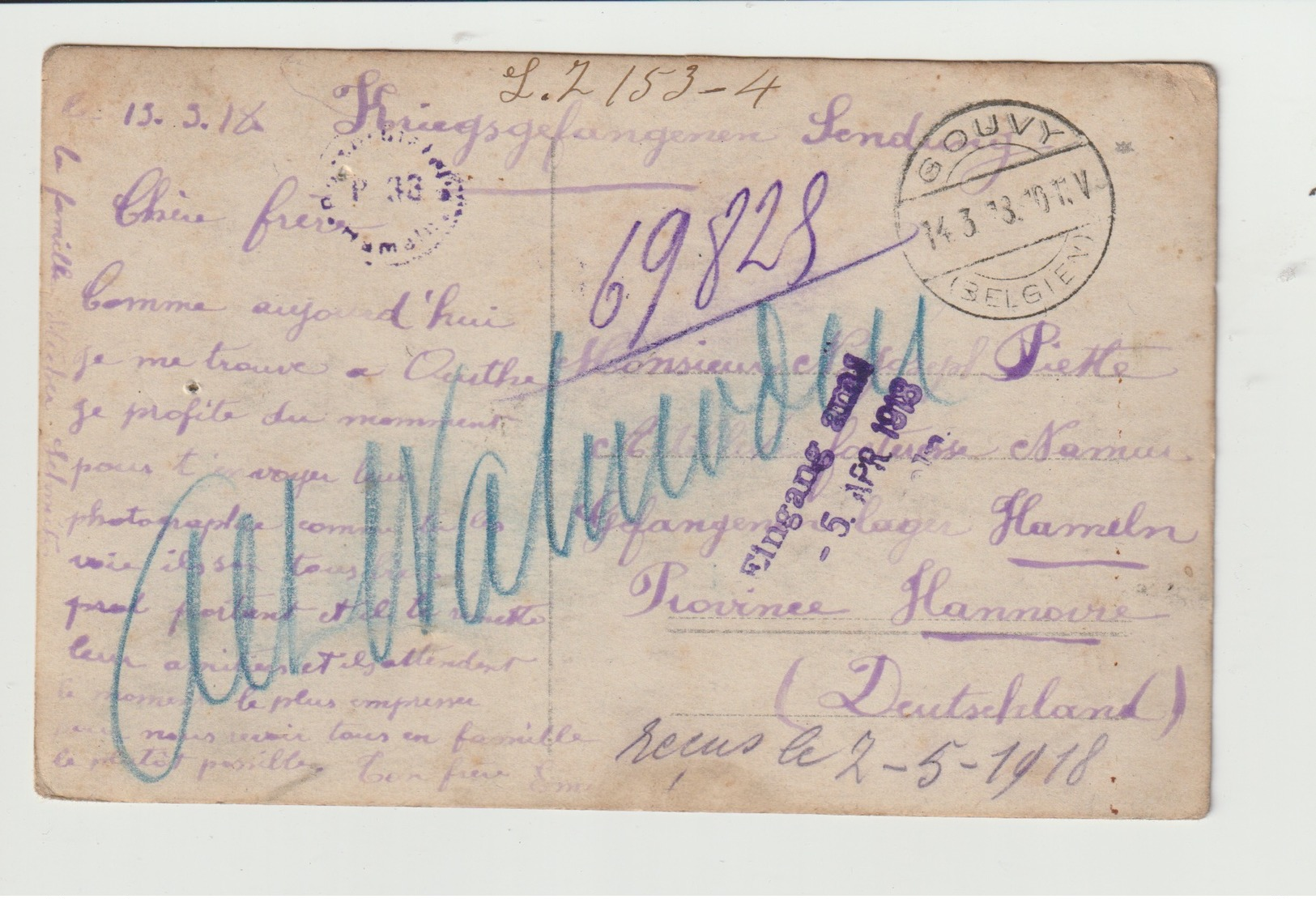 GOUVY-poste 14/3/1918 Pour L Allemagne - Sonstige & Ohne Zuordnung