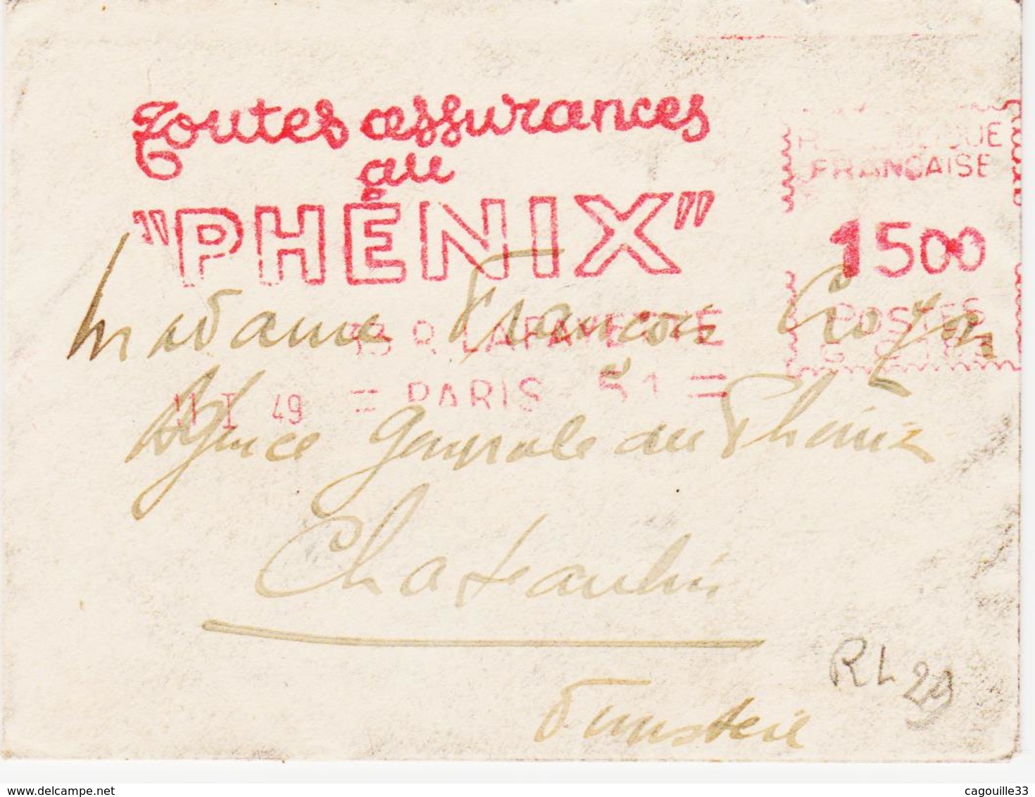 France, Sur Format 8,7 X 6,5 Cm  En 1951,  Machine G  Assurances Phénix - Freistempel