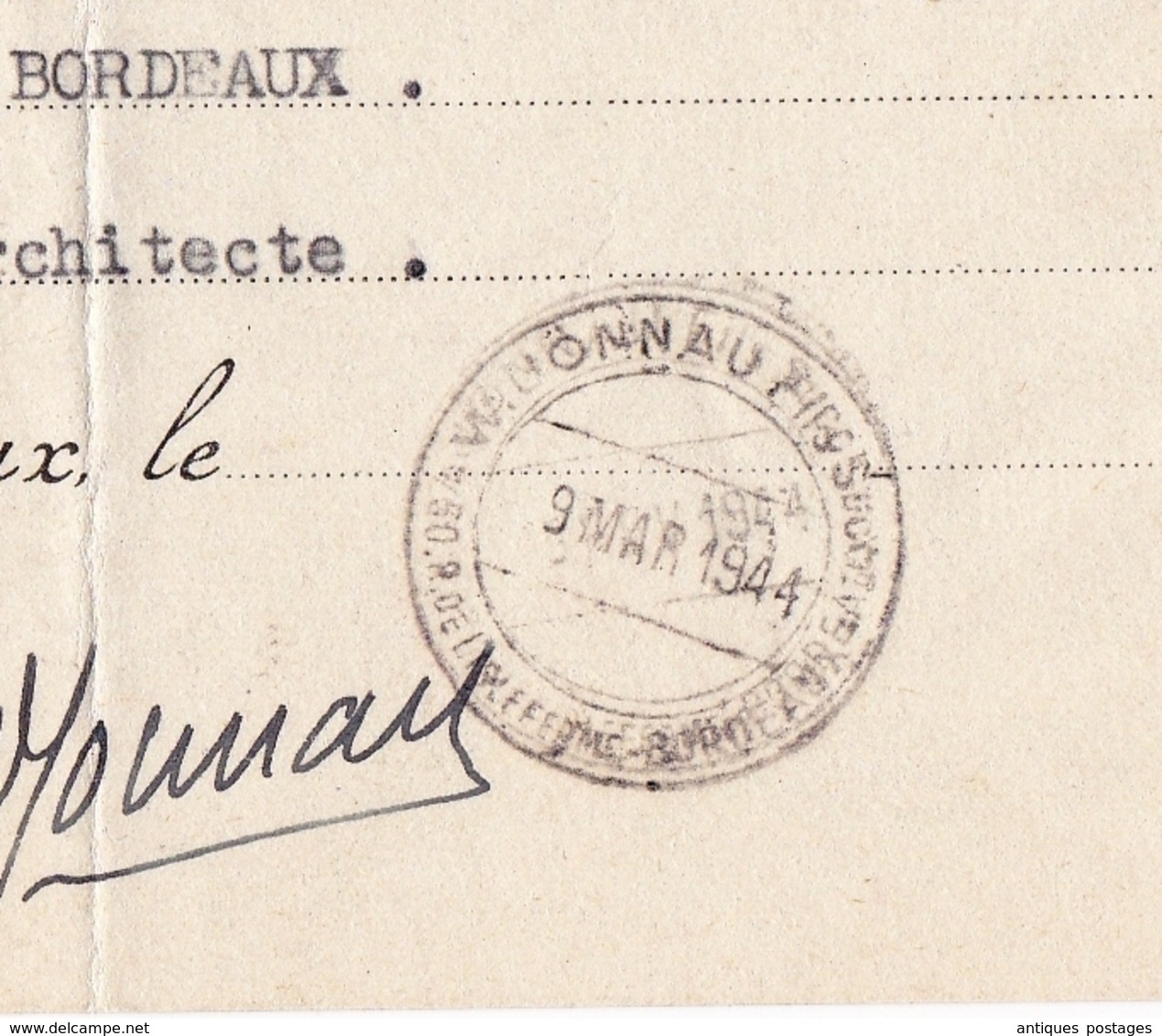 Bordeaux Gironde Jonnau 1944 Timbres Fiscaux + Marianne De Gandon 15F - Autres & Non Classés