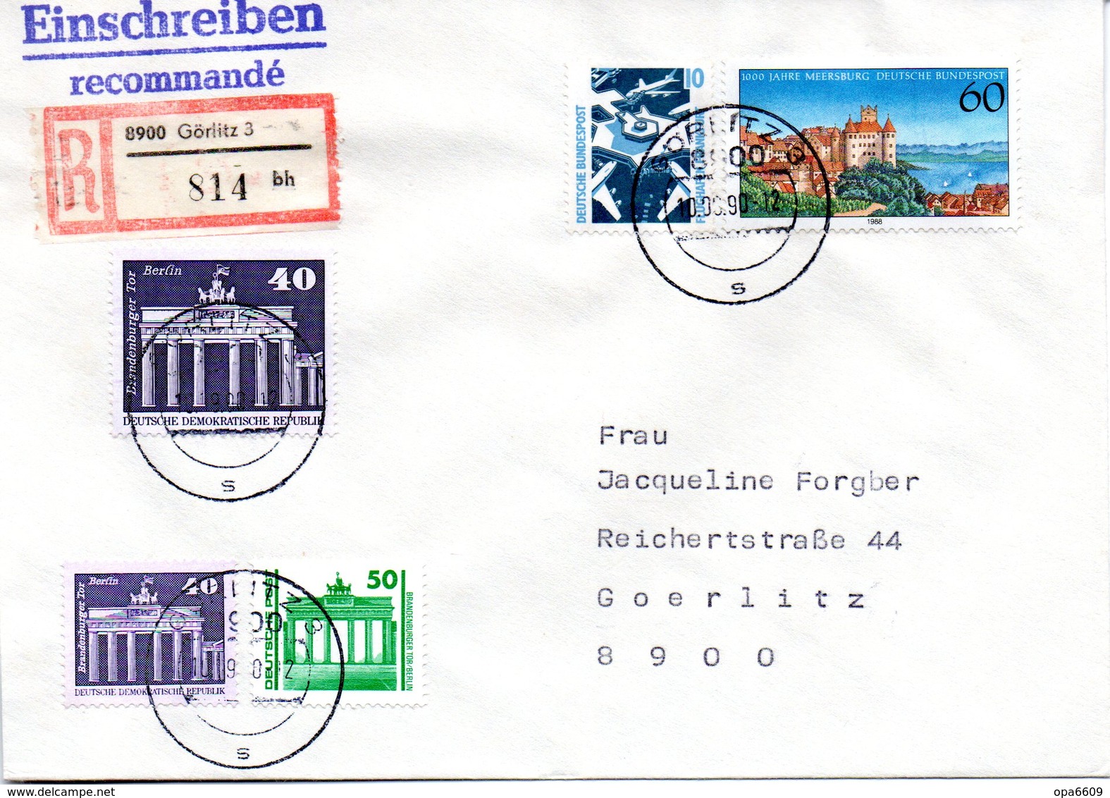 (Gm2) BRD Übergangs-Brief "Mischfrankatur: DDR, Deutsche Post, BRD TST 10.9.90 GÖRLITZ 3 - Briefe U. Dokumente