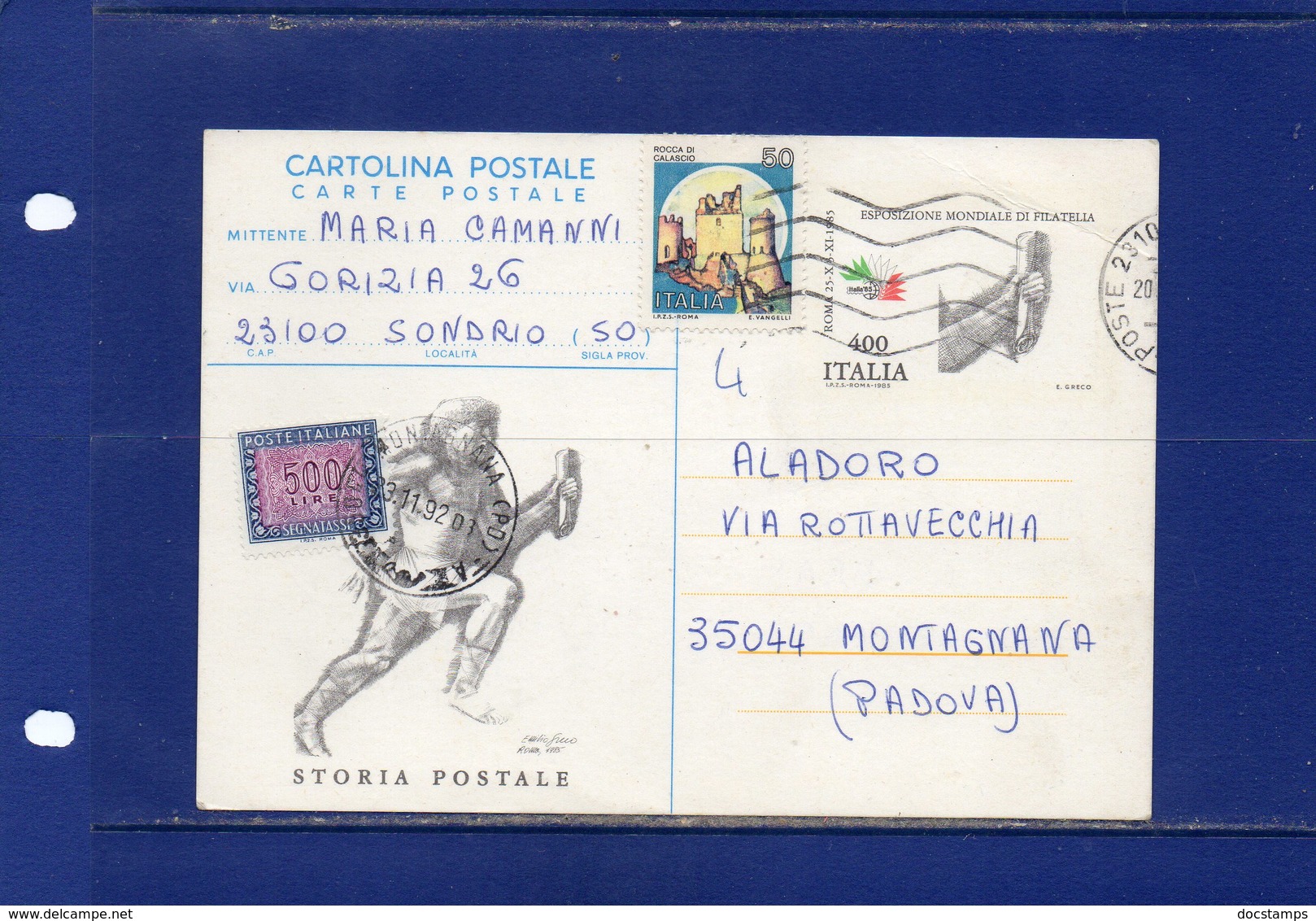 ##(DAN184/1) -1992 - Cartolina Postale L.400 Esposizione Mondiale Di Filatelia Da Sondrio Per Montagnana, Tassata  L.500 - 1991-00: Storia Postale