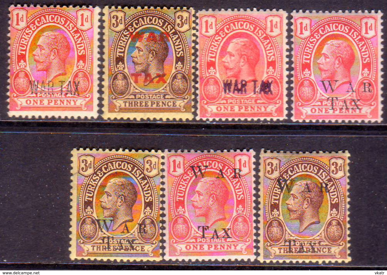 TURKS AND CAICOS ISLANDS 1917-19 SG #140//53 Selection Of 7 MLH/MNH Stamps Optd WAR TAX - Turks And Caicos