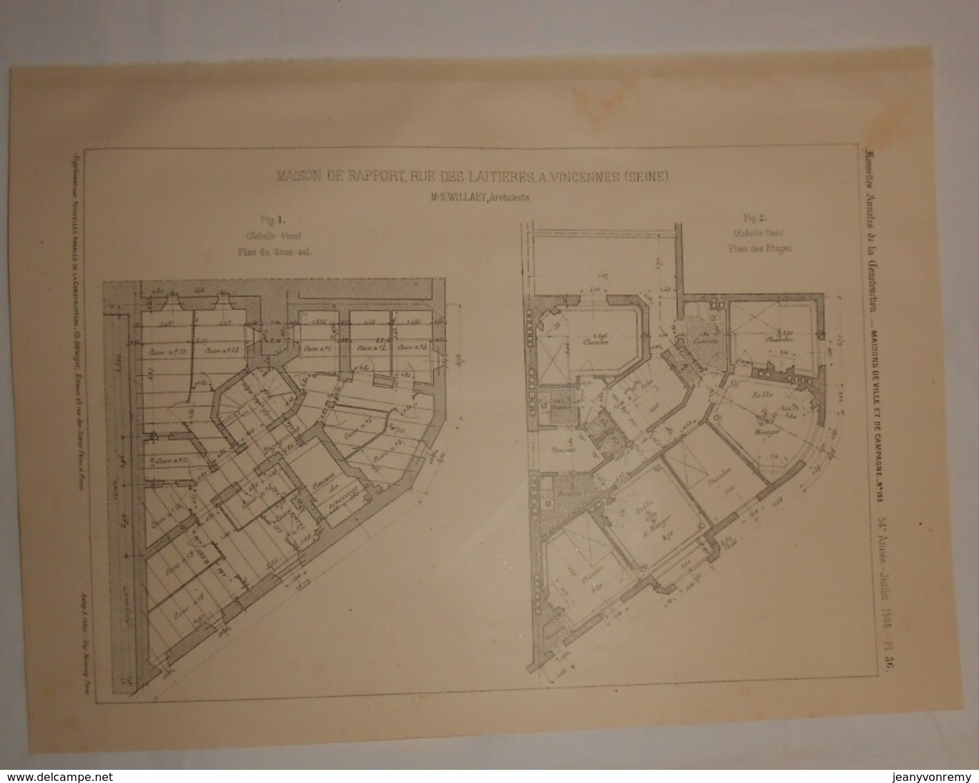 Plan D'une Maison De Rapport, Rue Des Laitières à Vincennes. Seine. 1908 - Travaux Publics