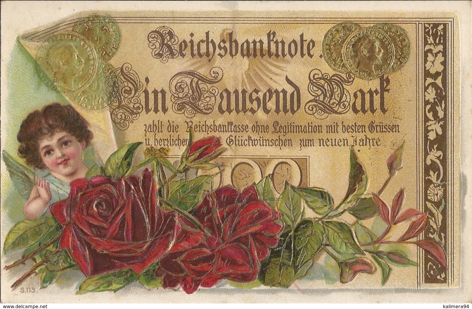 REICHSBANKNOTE  /  CARTE  FANTAISIE  GAUFRÉE  /  Représentation D ' Un Billet De Banque Et  De  Monnaies  /  Ange, Roses - Munten (afbeeldingen)