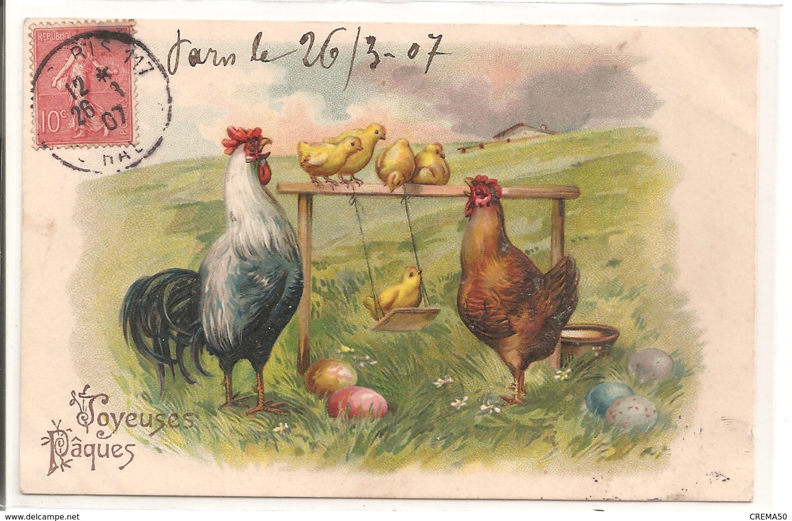 Joyeuses Pâques - Carte Gauffrée: Coq, Poule Et Poussins. - Pâques