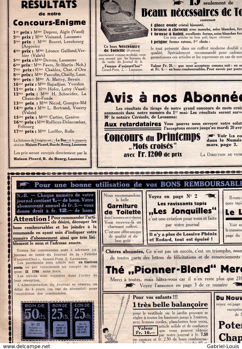 La Femme d'aujourd'hui - Suisse Romande - Revue bimensuelle féminine No 12 - 1er avril 1926 - Lausanne - 20 pages-Mode