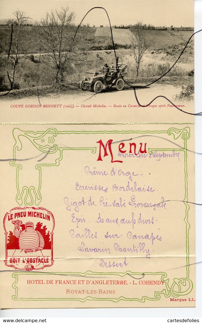 CPA + Carte Menu Restaurant. COUPE GORDON BENNETT 1905. Circuit MICHELIN. Route En Corniche Et Virages Apres PONTAMUR. - Other & Unclassified