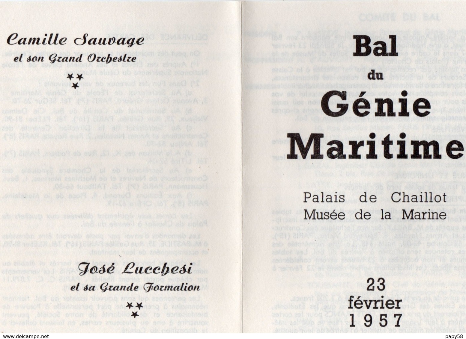 Vieux Papiers > Non Classés Bal Du Génie Maritime Palais De Chaillot Musée De La Marine 23 FEVRIER 1957 - Ohne Zuordnung