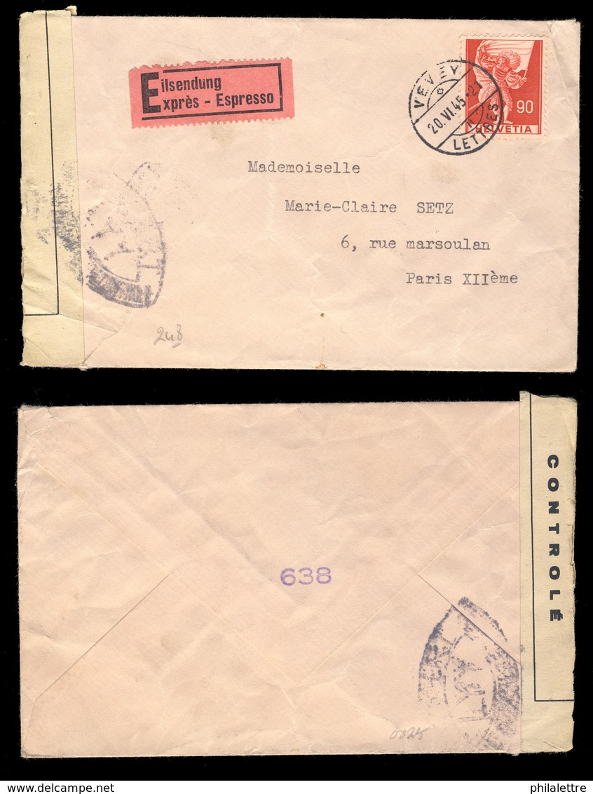 (Ref #00062)  SUISSE / SWITZERLAND - 1945 Mi.381 90c Carmine/rose Single On Censored Special Delivery Cover From Vevey - Briefe U. Dokumente