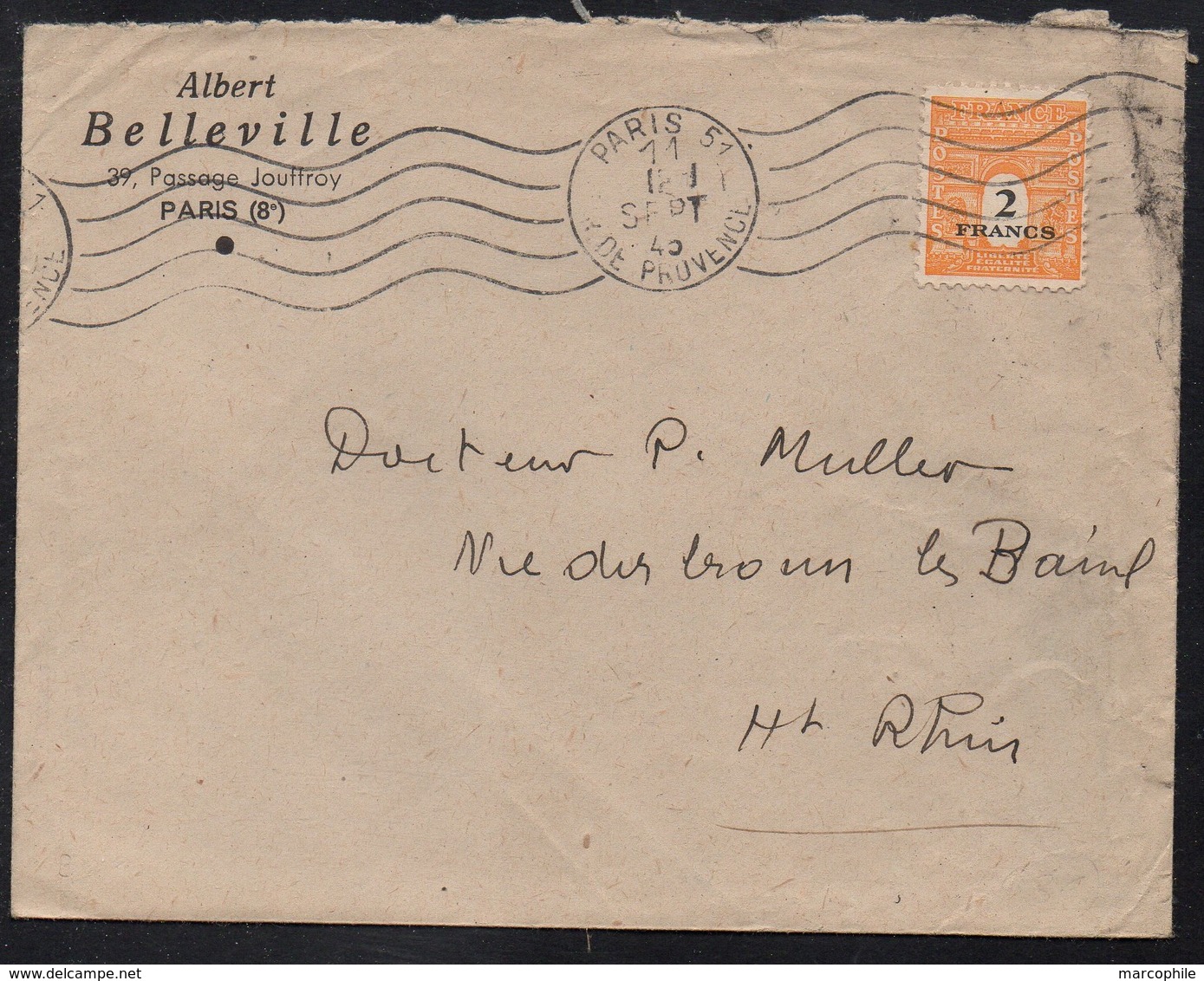 ARC DE TRIOMPHE - PHILATELIE / 1945 - 2 F. JAUNE SEUL SUR LETTRE DE PARIS POUR L'ALSACE (ref 4958) - 1944-45 Triomfboog