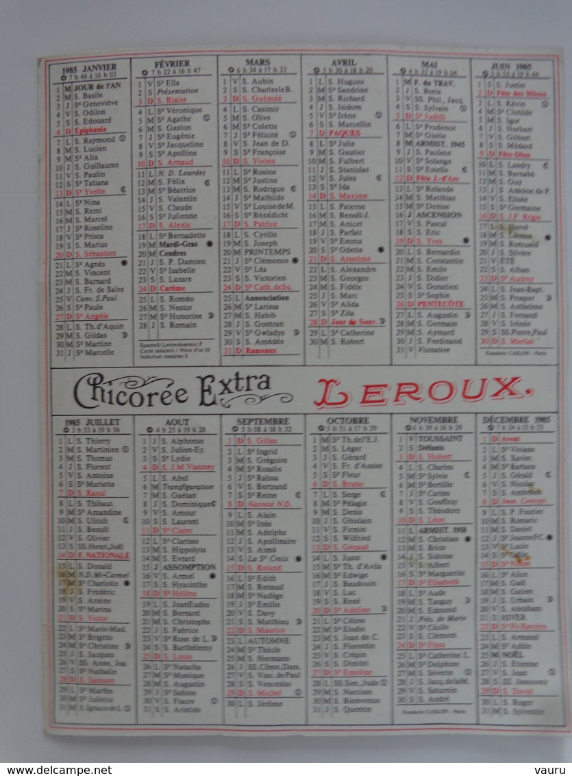 CALENDRIER CHICOREE  LEROUX 1985 JEUNE FILLE PORTANT LA COIFFE D'AUDIERNE - Petit Format : 1981-90