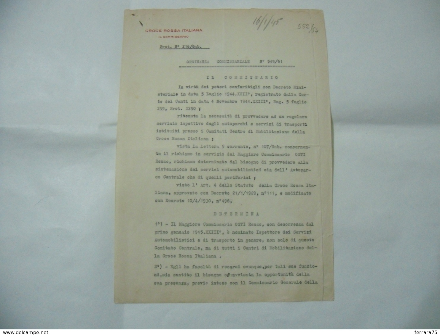 DOCUMENTO WW2 FASCISMO CROCE ROSSA ITALIANA RED CROSS. - 1939-45