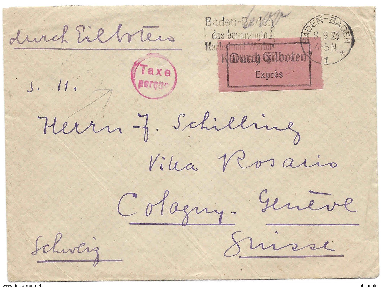 Taxe Perçue Deutsches Reich - Schweiz INFLATION 8 IX 1923 + Expressaufkleber Durch Eilboten Lettre Exprès Cologny Selten - Briefe U. Dokumente