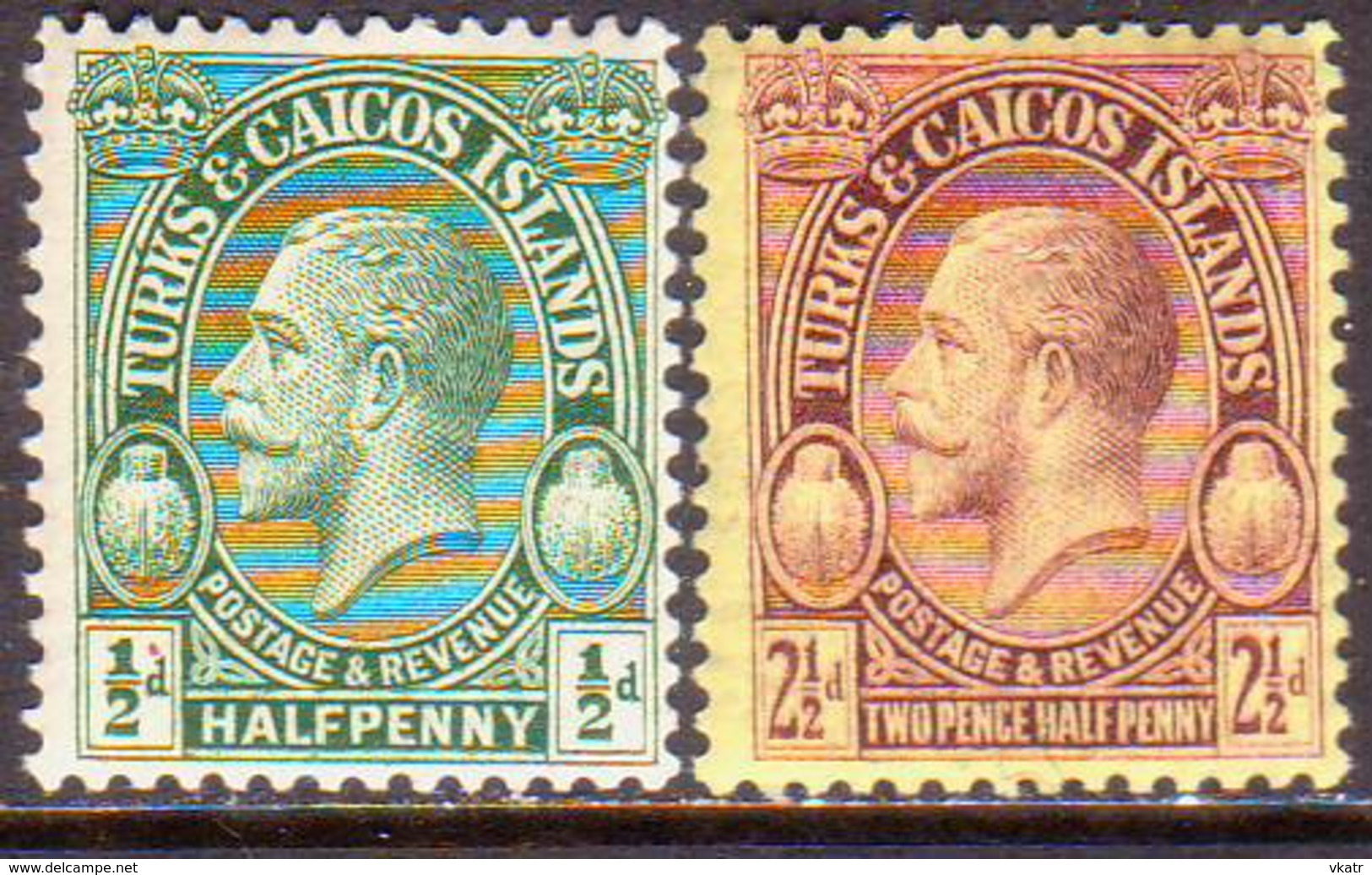 TURKS AND CAICOS ISLANDS 1928 SG #176,180 ½d,2½d MLH POSTAGE & REVENUE - Turks And Caicos