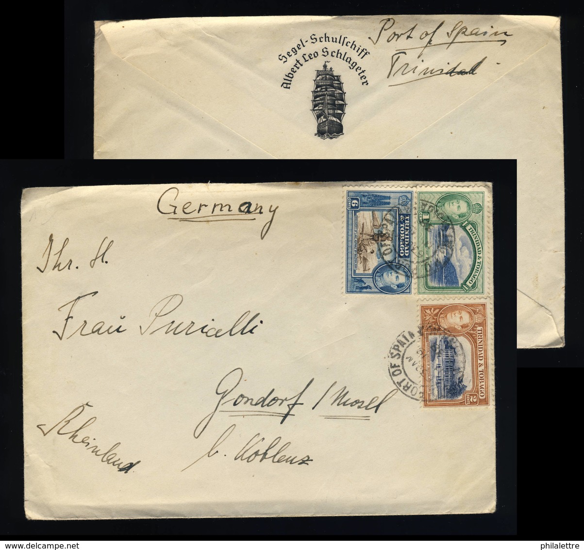 (Ref #00079)  TRINIDAD & TOBAGO - 1938 SG246, 247 & 250 On Cover (Segel-Schulschiff A.L. Schlageter) To Koblenz, Germany - Trinidad & Tobago (...-1961)