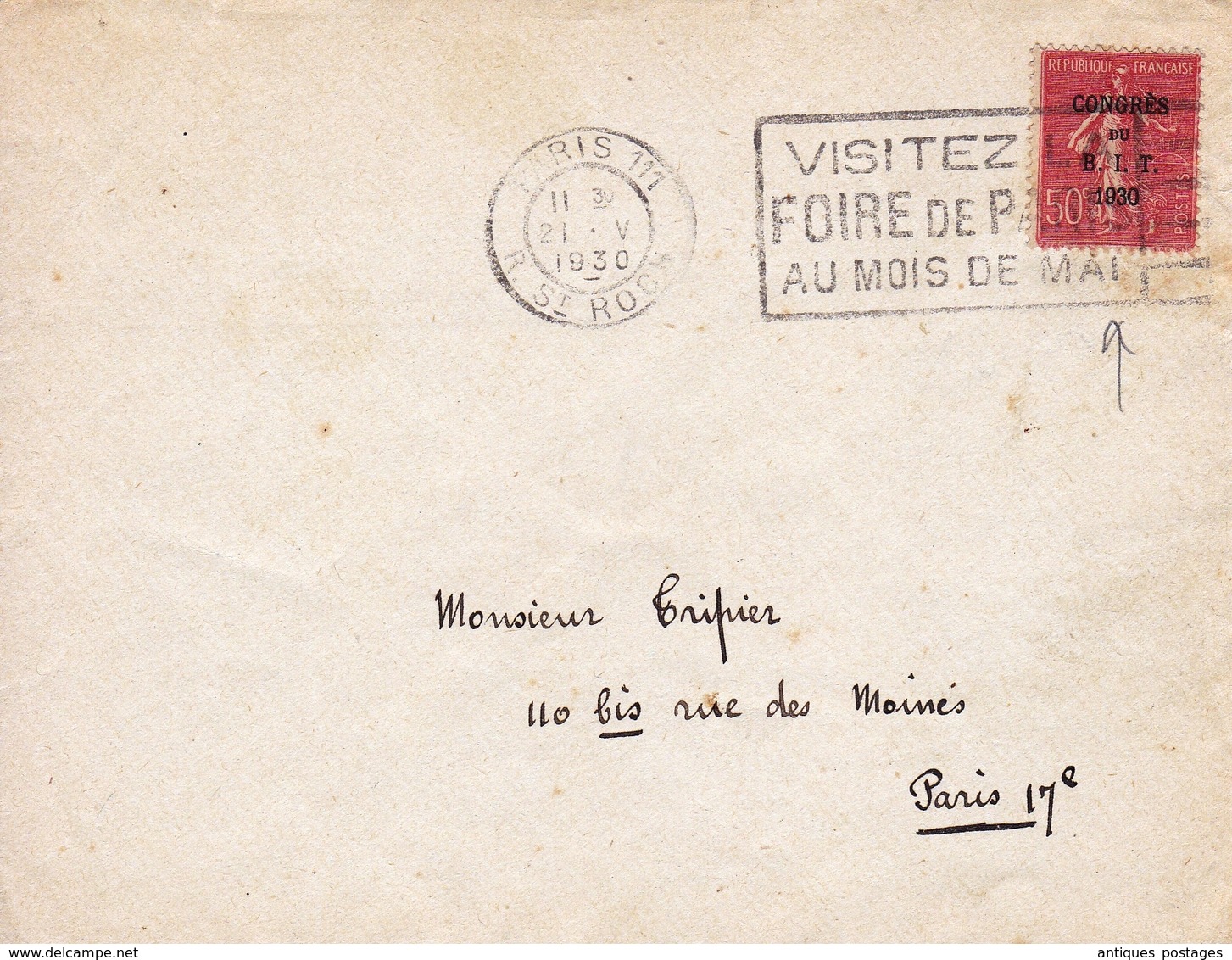 Lettre Paris Congrès Du B.I.T. 1930 Flamme Foire De Paris Bureau International Du Travail - Mechanical Postmarks (Advertisement)