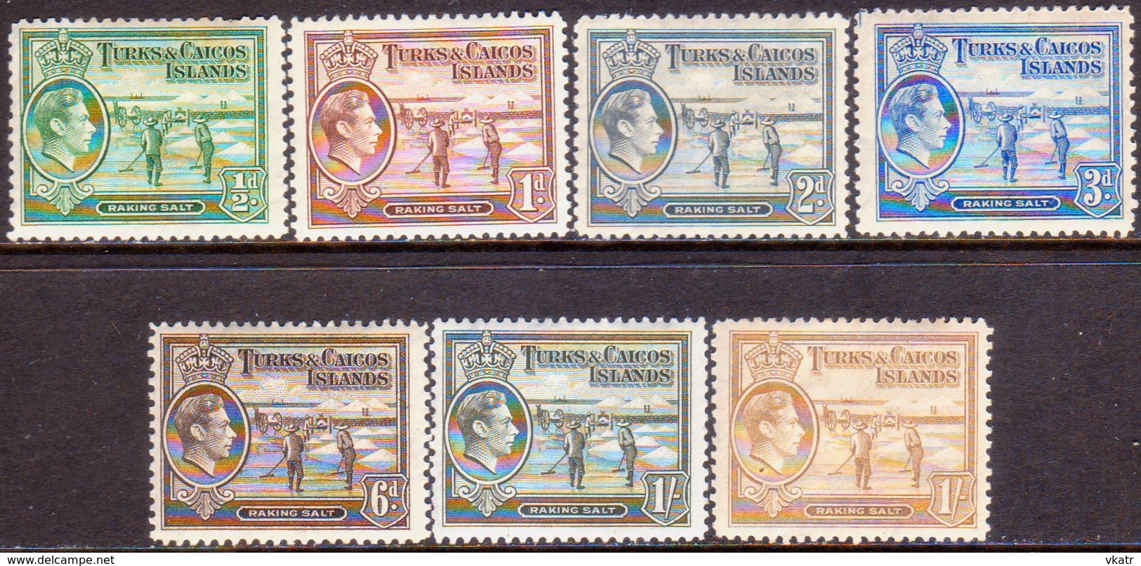 TURKS AND CAICOS ISLANDS 1938-45 SG #195a//202a Part Set 7 Stamps Of 14 MH - Turks And Caicos