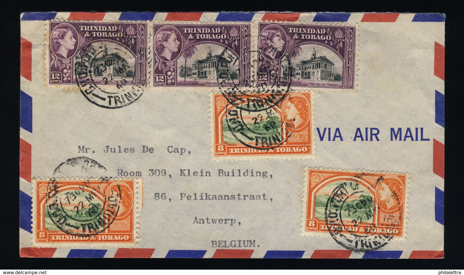 (Ref #00083)  TRINIDAD & TOBAGO - 1960 SG273 (x3) & 274 (x3) On Air Mail Cover From Port-of-Spain To Belgium - Trindad & Tobago (...-1961)