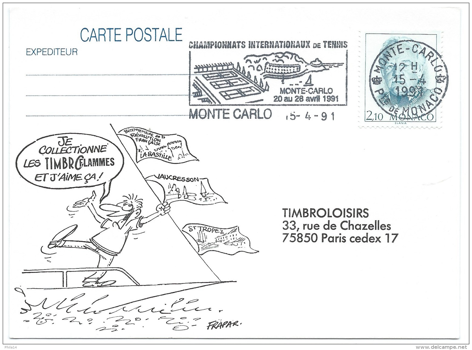 CARTE POSTALE / TIMBROFLAMMES / MONTE CARLO 1991 / FLAMME CHAMPIONNATS INTERNATIONAUX DE TENNIS - Brieven En Documenten